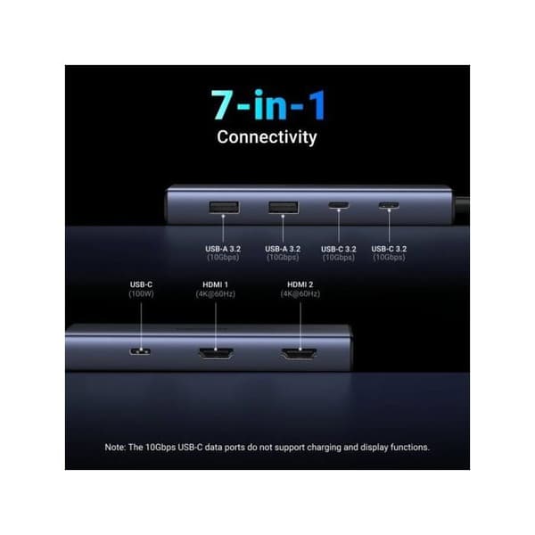 UGREEN Hub 7-IN-1 USB-C till 2*HDMI(4K@60Hz)+2*USB-A3.2+2*USB-C3.2+PD(100W)
