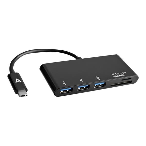 V7 Flash Card Reader/USB Hub V7 V7UC3U-HUB-BLK-1E - USB Typ C - Extern - Svart