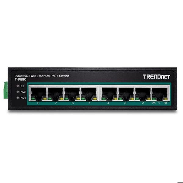 trendnet 8-ports ind.fast eth poe+ switch din-rail blackRouter, wifi, nätverk 8-PORTS IND.FAST ETH POE+ SWITCH DIN-RAIL 182890
