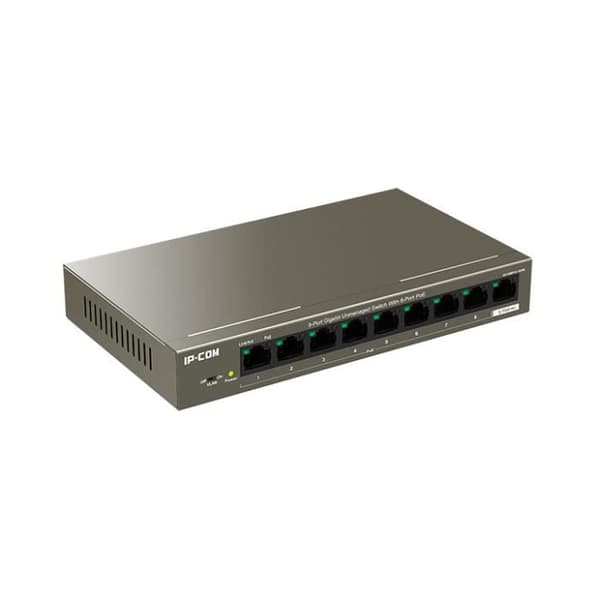 IP-COM Desktop-switch 9 portar Gigabit 10/100/1000M, 8 PoE-portar, Auto MDI/MDIX, VLAN-läge, Plug&Play, i stål. G1109P-8-102W