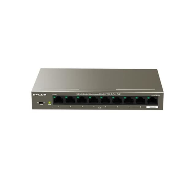 IP-COM Desktop-switch 9 portar Gigabit 10/100/1000M, 8 PoE-portar, Auto MDI/MDIX, VLAN-läge, Plug&amp;Play, i stål. G1109P-8-102W