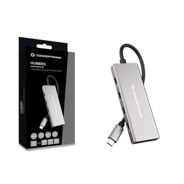 CONCEPTRONIC HUBBIES17G Hub 7 portar USB 3.2 Gen 2, 10 Gbps, USB-C x 4, USB-A x 3, 100 W USB PD, aluminiumhölje