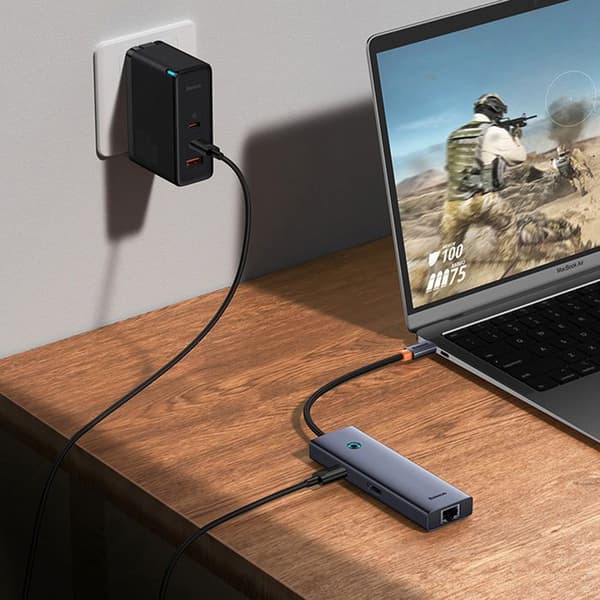 Hub Typ-C till HDMI, 3xUSB, Typ-C, RJ45, 4K@60Hz - Baseus UltraJoy (B00052807813-00) - Grå sidereal
