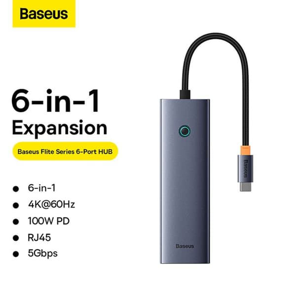 Hub Typ-C till HDMI, 3xUSB, Typ-C, RJ45, 4K@60Hz - Baseus UltraJoy (B00052807813-00) - Grå sidereal
