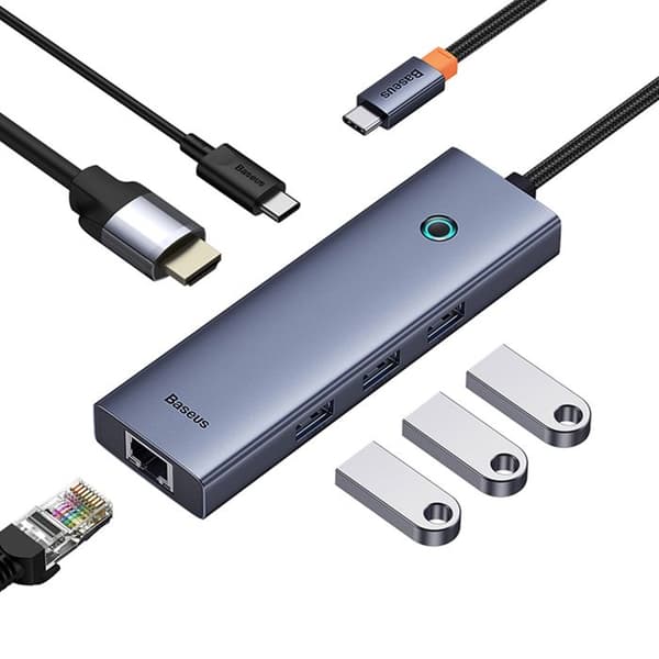 Hub Typ-C till HDMI, 3xUSB, Typ-C, RJ45, 4K@60Hz - Baseus UltraJoy (B00052807813-00) - Grå sidereal