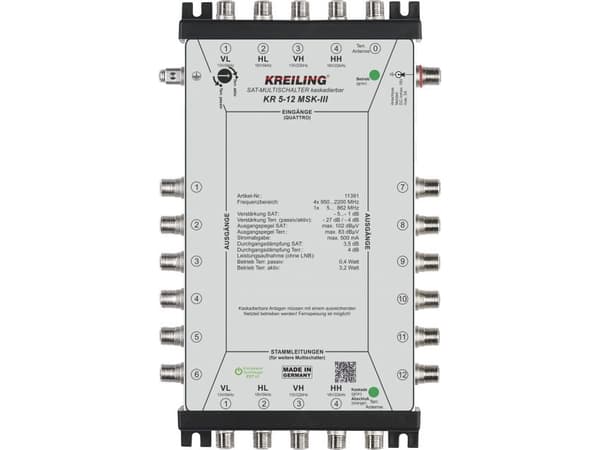 KREILING KR 5-12 MSK-III, 5 ingångar, 12 utgångar, 950 - 2200 MHz, 5 - 862 MHz, 180-265 V, -20 - 55 ° C