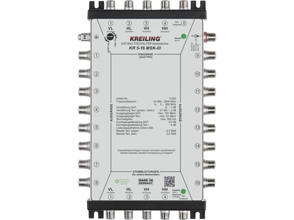 KREILING KR 5-16 MSK-III, 5 lähtöä, 16 tuloa, 950 - 2200 MHz, 5 - 862 MHz, 180 - 265 V, 102 dBµV