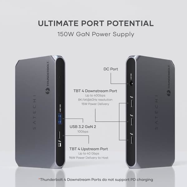 Station Thunderbolt 4 - SATECHI - Slim Pro - Ladda USB-C 96W - Video utgång 8K - 4 Thunderbolt 4-portar