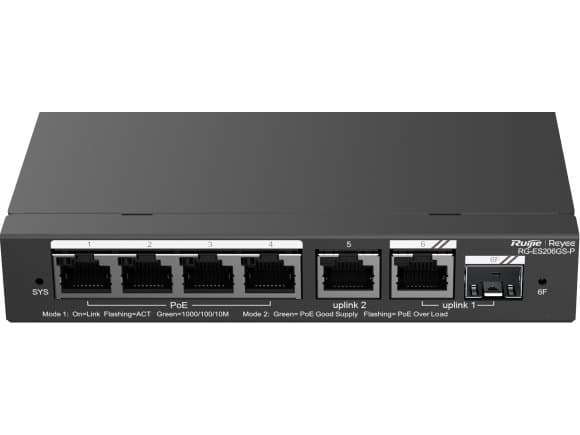 Ruijie Reyee RG-ES206GS-P| kytkin, 6 porttia, 4xGE, 4xPoE, 1xCombo/SFP, 54W, dexop musta