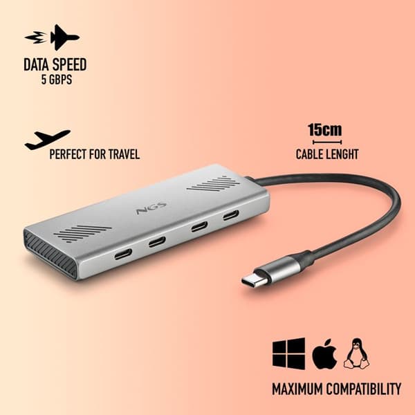 USB-C-hubb - NGS - WONDER4-C - 4 portar - 5 Gbps - Aluminium - 180 mm