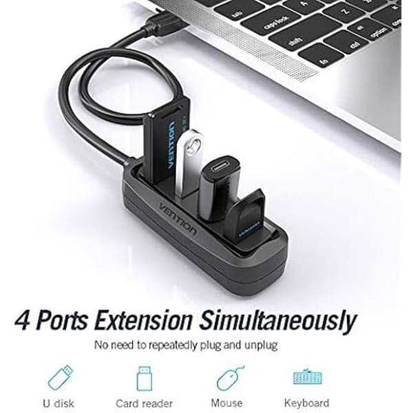 USB 2.0 HUB - VENTION - 4 portar - Svart - 0,5 m - USB-nyckel kompatibel