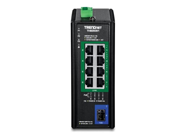 TRENDnet TI-BG5091 - Version v1.0R - switch - industriell - 8 x 10/100/1000/2.5G (PoE++) + 1 x 1 Gigabit / 10 Gigabit SFP+ - DIN-skenmonterbar, väggm Svart