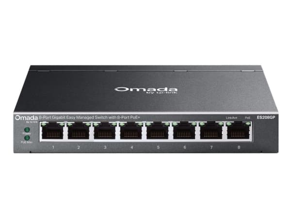 TP-Link Omada ES208GP, hanterad, L2, Gigabit Ethernet (10/100/1000), Strömförsörjning via Ethernet (PoE) stöd, Rackmontering, DIN rail