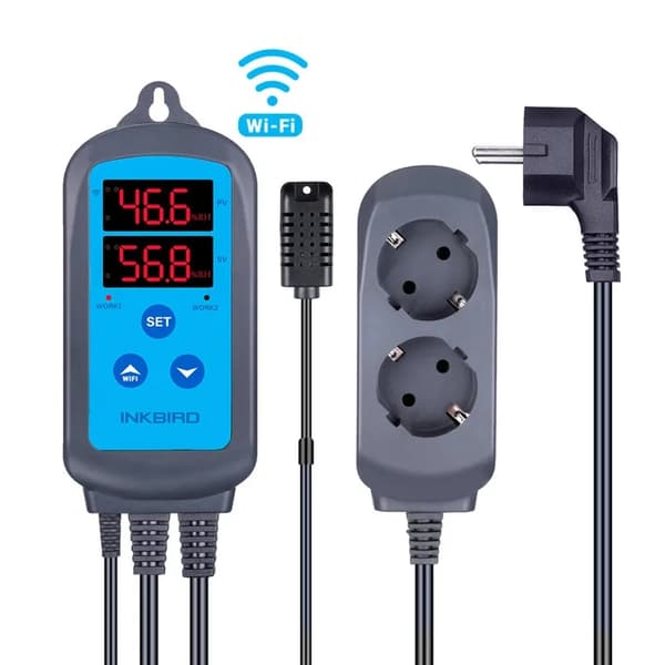Digital fugtcontroller, fjernbetjening via Wi-Fi, dual relæudgang,EU-stik (220V)