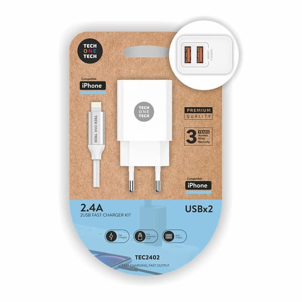 Vægoplader + MFI-certificeret lyskabel Tech One Tech TEC2402 Dobbelt Lightning