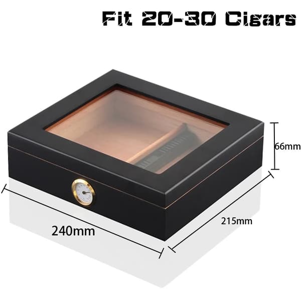 Resehumidor för cigarrer, cederträkonstruktion, glashygrometer,svart