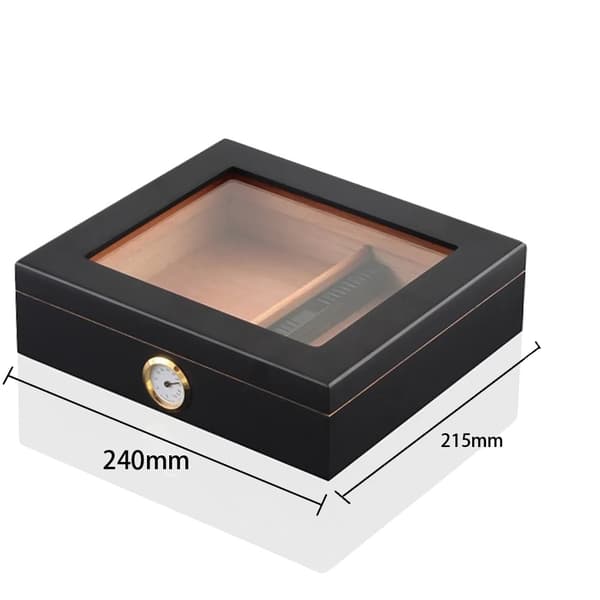 Resehumidor för cigarrer, cederträkonstruktion, glashygrometer,svart