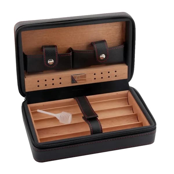 Cigarrum, läder & cederträ, rymmer 4 cigarrer,GALINER Svart