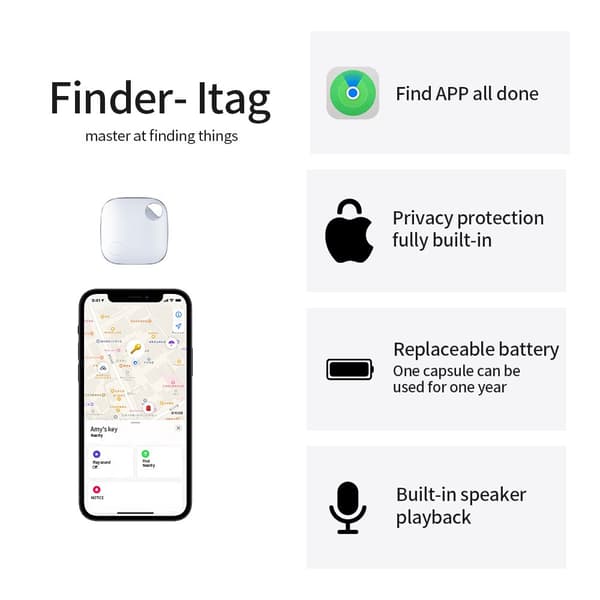 Lille GPS-tracker - Realtime sporing, app uden abonnement, IP65-vandtæt, velegnet til telefon, pung, nøgler, børn, kæledyr og mere