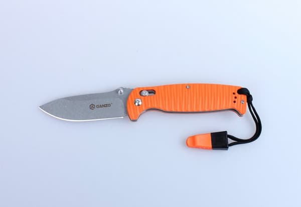GANZO G7412 Svart stentvättad m viselpipa - kniv fällkniv orange mönstrat handtag