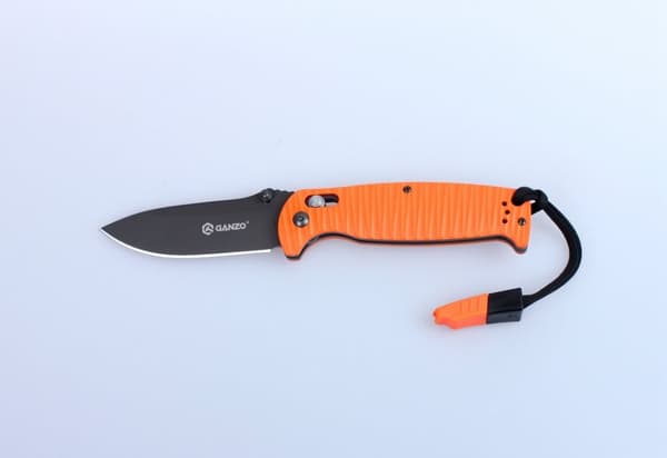 GANZO G7413 svart stentvättad m viselpipa - kniv fällkniv orange mönstrat handtag