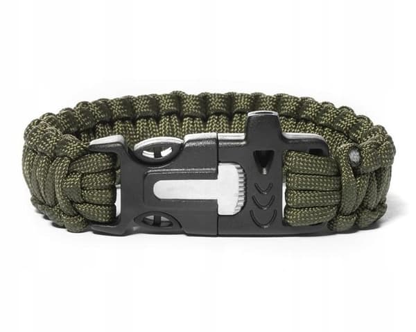 Taktinen Paracord-rannekoru, tulensytytinpilli, kompassi, oliivinvihreä M
