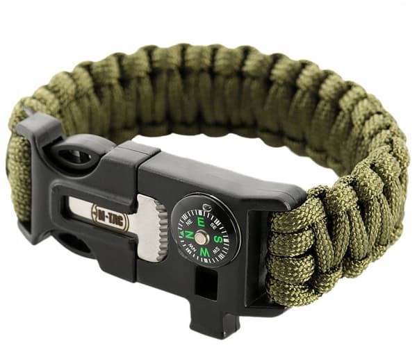 Taktinen Paracord-rannekoru, tulensytytinpilli, kompassi, oliivinvihreä M