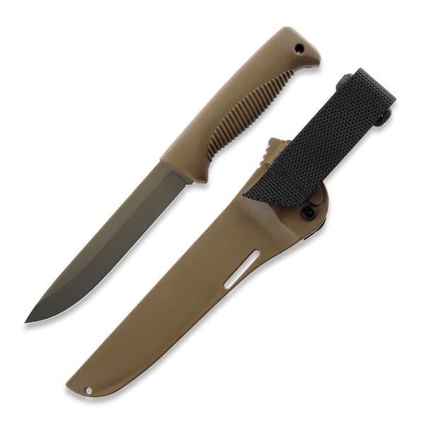 Peltonen Knives M95 Ranger Puukko Sissipuukko FJP060 Kniv 80CrV2 Stål med Cerakote FDE-beläggning Coyote TPE-handtag Coyote Kompositslida