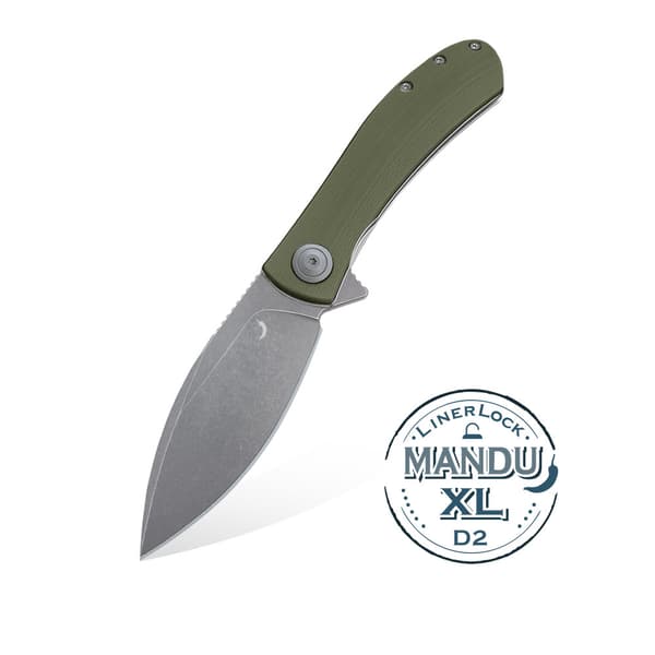 Trollsky Knives Mandu XL Liner Lock Dark Bead Blast D2 OD Grön G10 Fällkniv