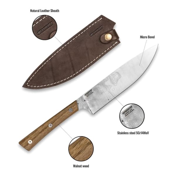 BPS Knives Rosemary Kökskniv 5Cr14MoV Rostfritt Stål Valnötsträ Brunt Läderslida