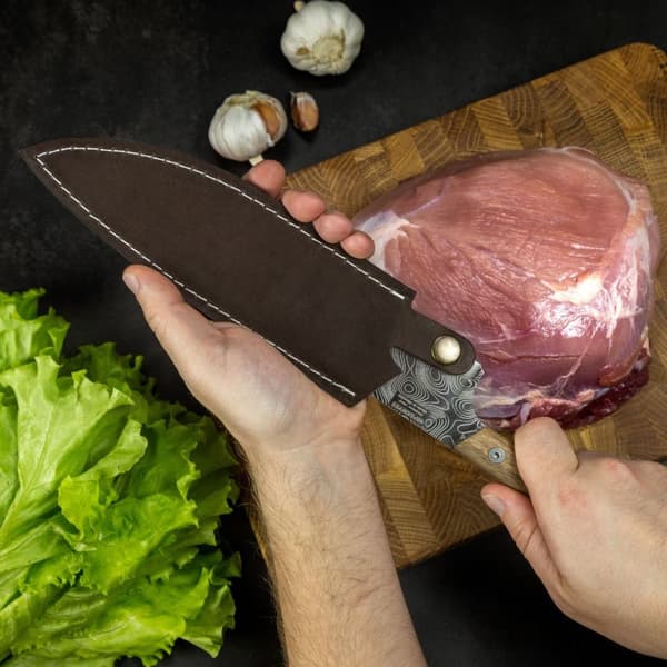 BPS Knives Rosemary Kökskniv 5Cr14MoV Rostfritt Stål Valnötsträ Brunt Läderslida