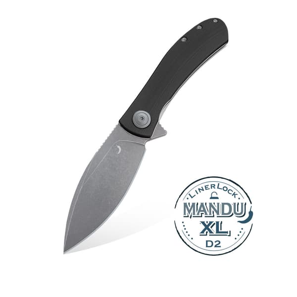 Trollsky Knives Mandu XL Liner Lock Fällkniv Grå Stentvättad D2 Svart G10