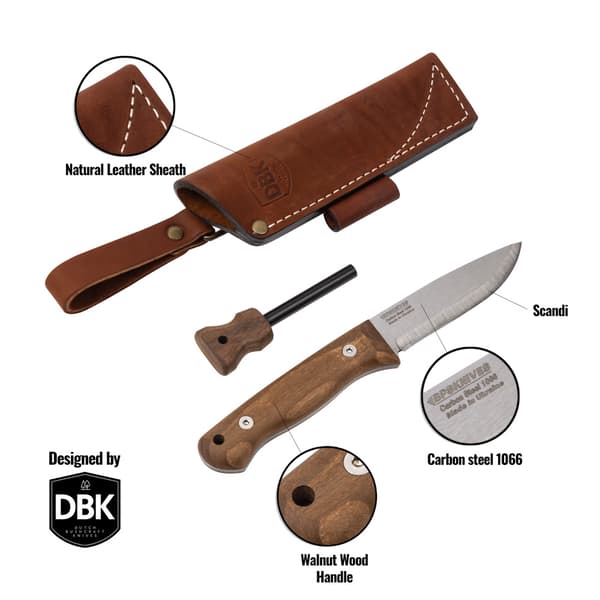 BPS Knives Bushmate 2.0 fra DBK Bushcraft-kniv med læderskede og optændingskniv