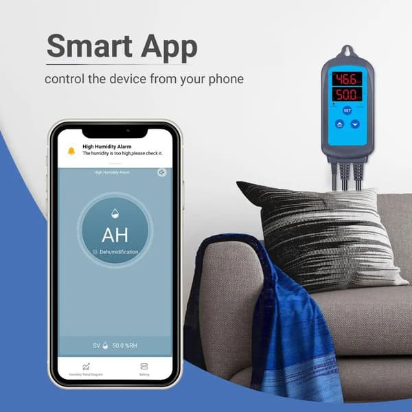 WiFi digital fuktighetsregulator för befuktning och avfuktning i hemmet, APP-fjärrkontroll, larm för hög/låg luftfuktighet, anslut och spela