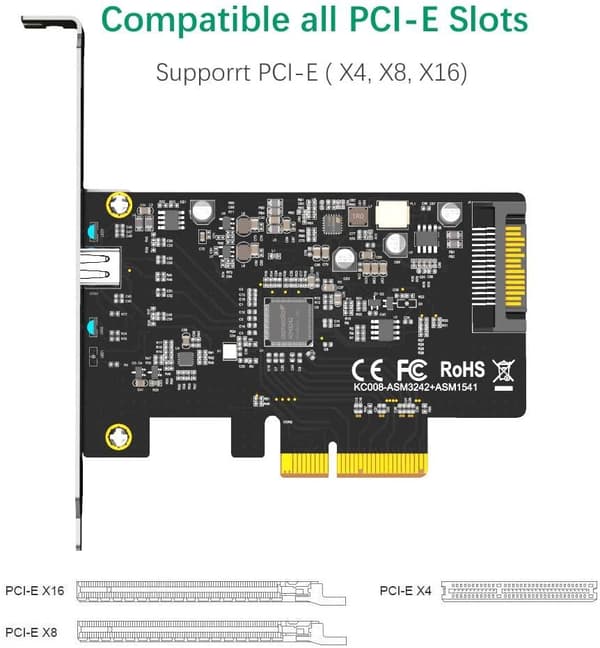 Maiwo KC008 PCI Express x4 -kortti–1x ulkoinen USB Type C, 20 Gb/s, USB 3.2 Gen 2 x2, PCIe 3.0 x4