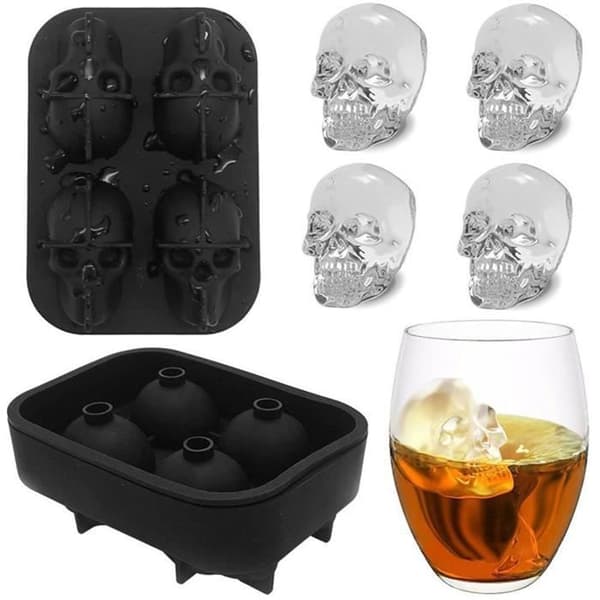Eastor Skull Ice Cube Mould, 3D Skull Black Silikon Ice Cube Mould, 4 Cavity Silikon Ice Cube Formar, Idealisk för W,742