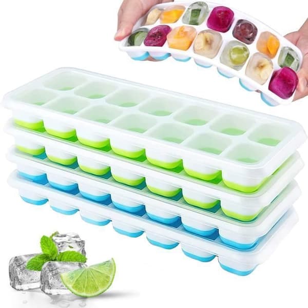 Iskubbrickor i silikon med lock, platsbesparande och stapelbara, Lätt att ta bort fyrkantiga iskubbrickor, blå/grön, 4-pack