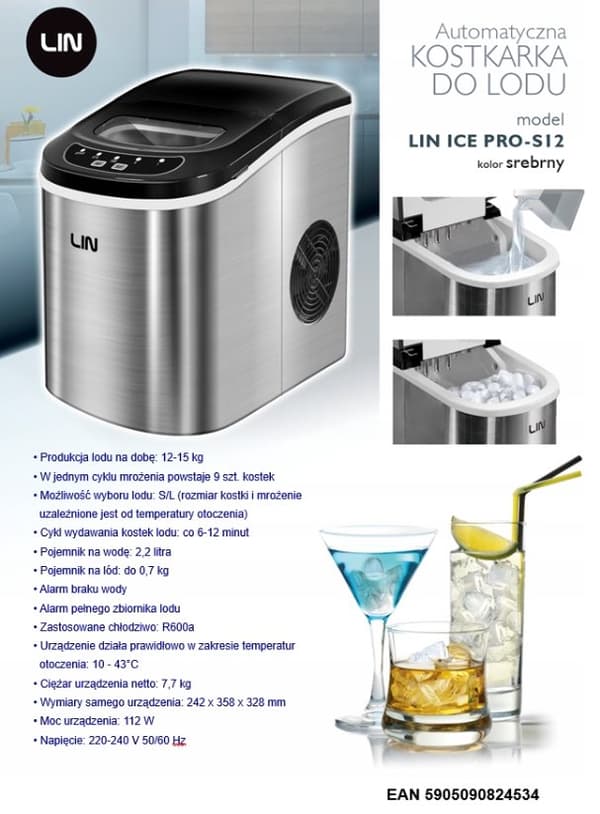 Kannettava jääpalakone LIN ICE PRO-S12 hopea