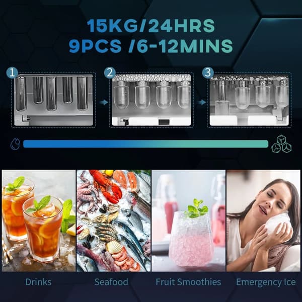 Rootz Ice Cube Machine - 2,1 liter vand - 15 kg på 24 timer - Selvrensende - Inklusiv isbakke + isske - Hvid - 25,2W x 37,5D x 31,2H cm