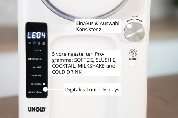 2-in-1 slush- ja pehmytjäätelökone SOFIE (valkoinen, 1500 ml slushille tai pehmytjäätelölle, 150 watin kompressori)