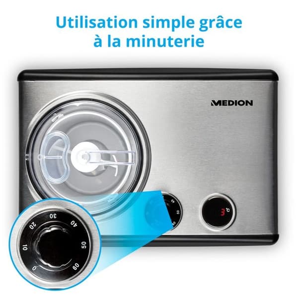 Glassmaskin Yoghurtmaskin - MEDION MD18387 – 150W – från -18 till -35°C – 1,5L glass – LCD-skärm – Svart/Aluminium