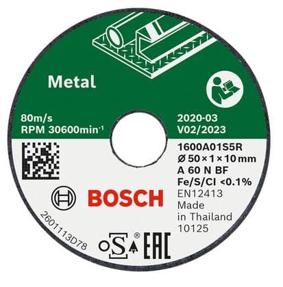 Bosch 1 600 A01 S5Y. Tyyppi: Leikkuulevy, Keskityyppi: Tasainen keskiosa, Tuotemerkin yhteensopivuus: Bosch. Määrä per pakkaus: 3 kpl (1600A01S5Y)