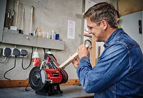Einhell TC-US 350 seisova nauhahiomakone 350 watin hiomanauha / hiomalevyn toiminto Suojakansi Kipinäsuojalasi karkealla hiomalaikalla ja hiomanauhall