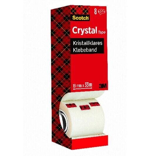 3M Scotch klæbende film Krystalklar 600, 19 mm x 33 m, 7+1 meget gennemsigtig, nem og lydløs afrulning - 1 stk (BP548)