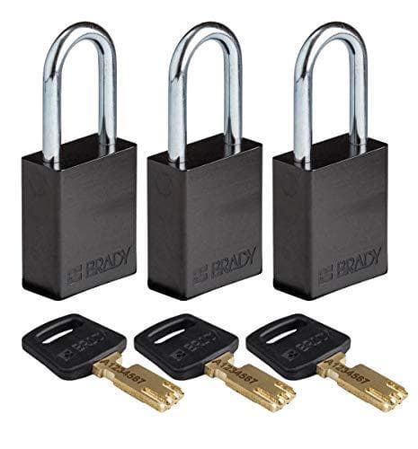 Brady, Safekey aluminiumhänglås med stålbygel, svart, 38 mm bygelhöjd, 6,4 mm bygeldiameter (med samma nyckel) (3-pack) (150349)