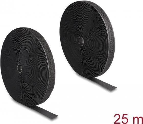 DeLOCK slidstærk krog-og-løkketape med selvklæbende og fleecetape L 25 mx B 25 mm sort (20853)