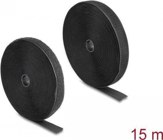 DeLOCK slidstærk krog-og-løkketape med selvklæbende og fleecetape L 15 mx B 25 mm sort (20851)