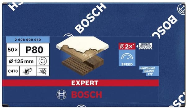 Bosch 2608900910 EXPERT slibeark C470 Bedst til træ og maling - 125 mm - K80 - 8 huller (50 stk)