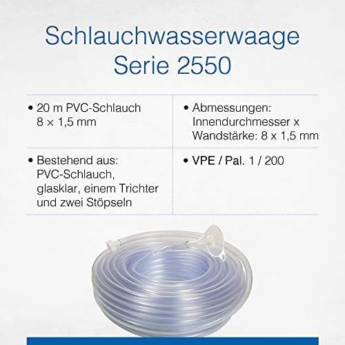 as - Schwabe slangevaterpas 20 m - slangevægt af PVC, krystalklar 8 x 1,5 mm - slangeudjævningsanordning inkl. tragt og to propper - ideel til at find