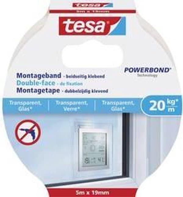 Tesa monteringstape dobbeltsidet til transparent & glas - 5 mx 19 mm.